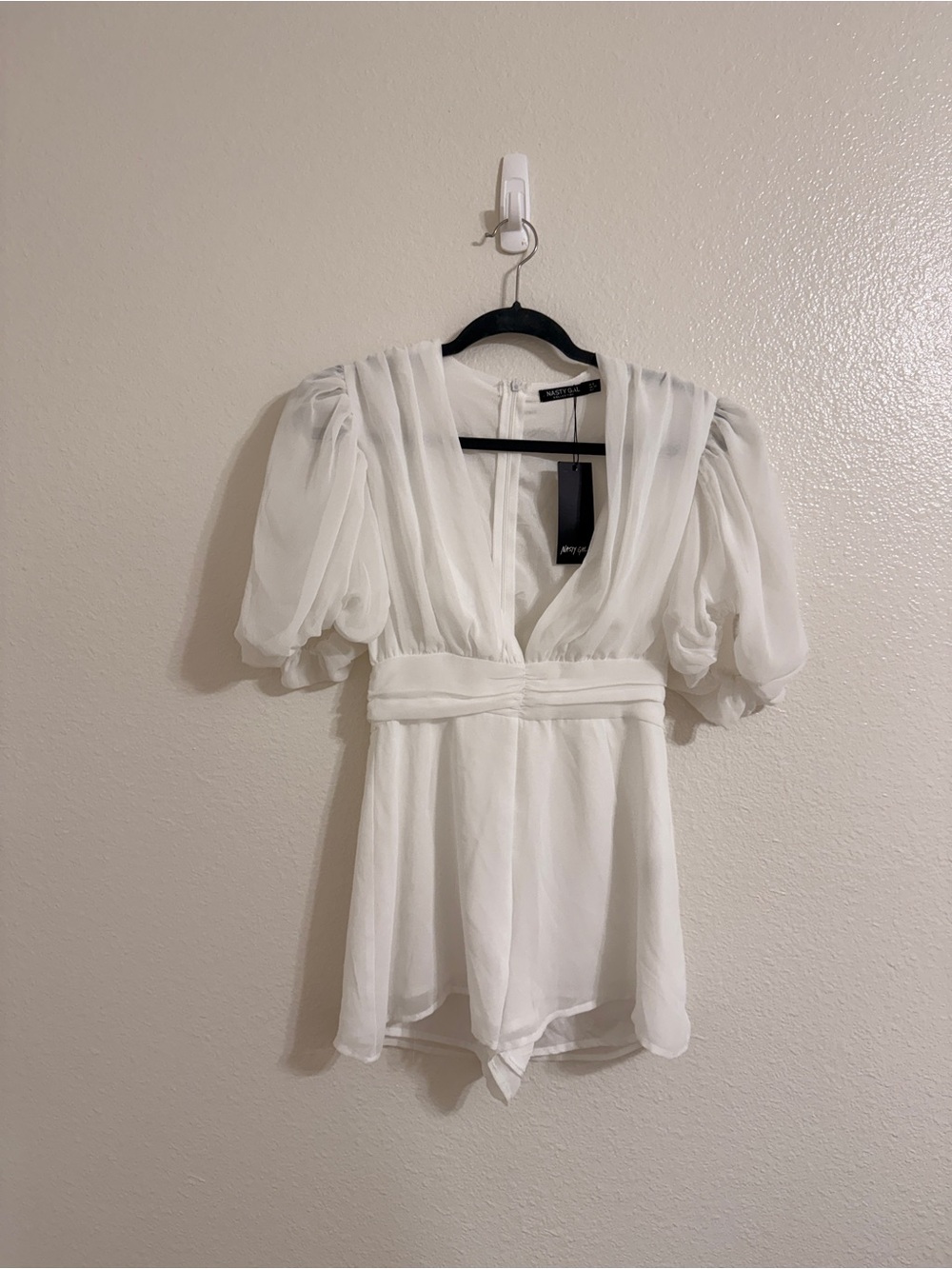 Nasty Gal White Sheer V-Neck Romper with Puff Sleeves